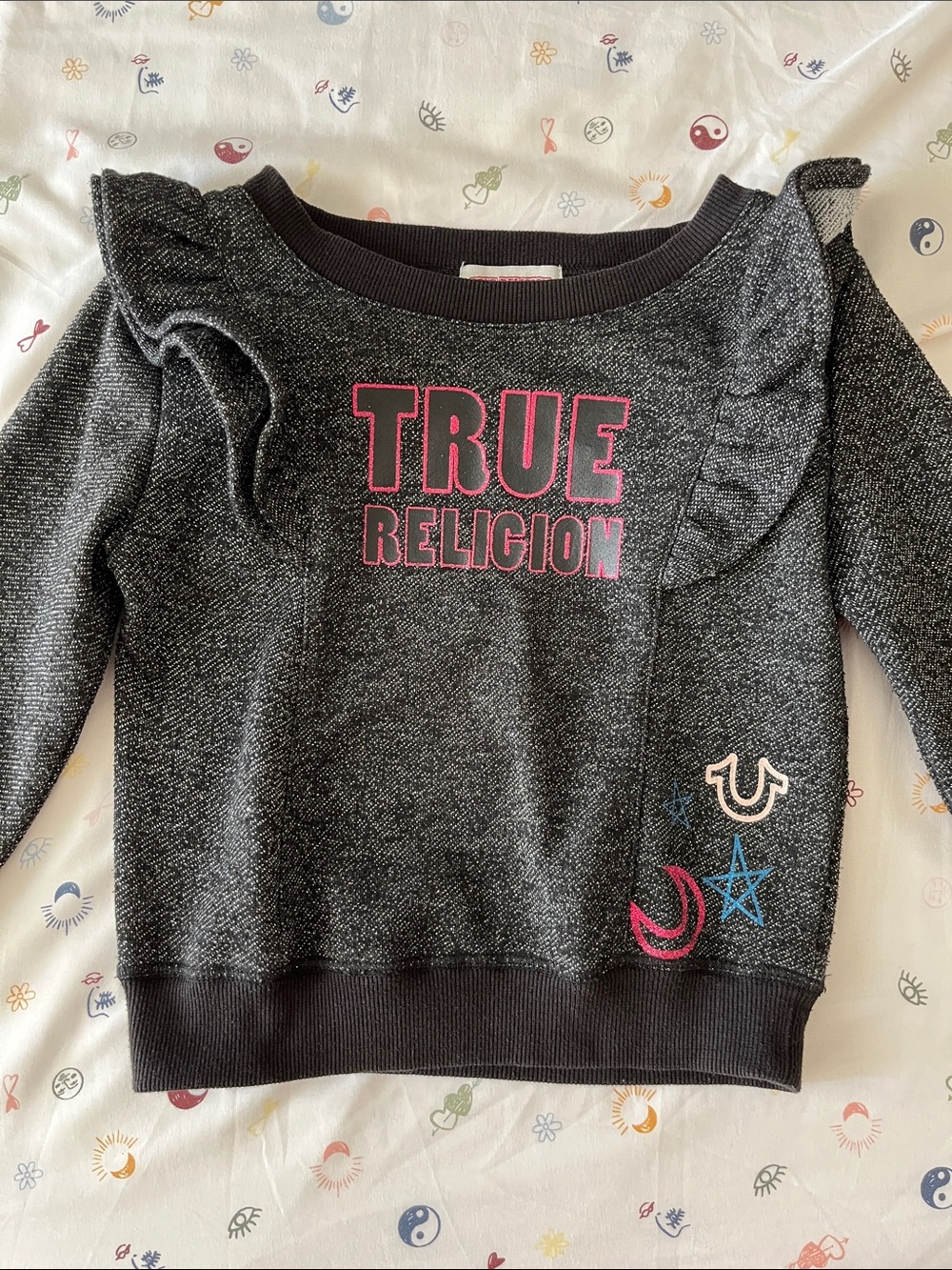 True Religion Black Girls' Ruffle Logo Pullover with Pink Accents